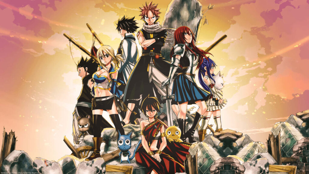 Legendary Guild: A Stunning Sunset Aesthetic Wallpaper featuring Fairy Tail's Iconic Poses