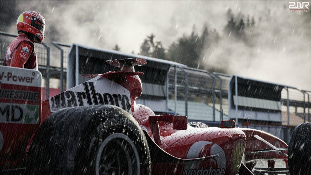 Michael Schumacher driving Ferrari F1 car in rain with dramatic lighting high-definition wallpaper