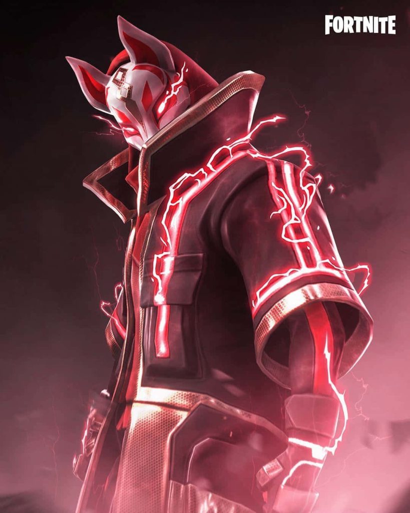 Fortnite Drift character wallpaper with Kitsune mask red lightning dark sleek digital art background