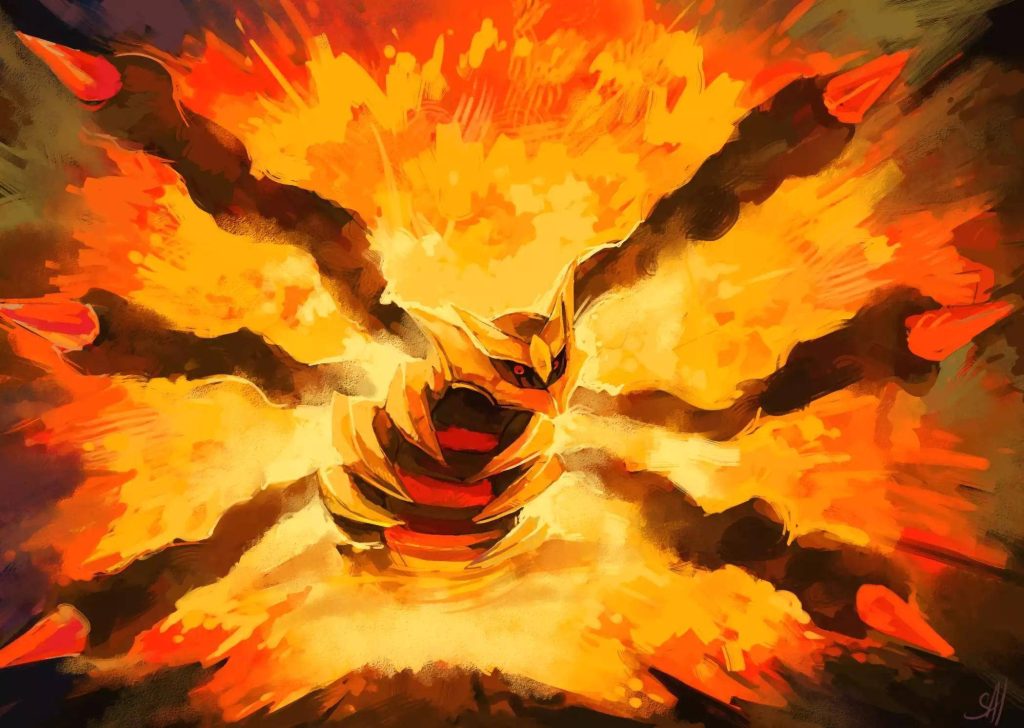 Giratina digital art wallpaper with fiery orange explosion and dynamic painterly brushstrokes