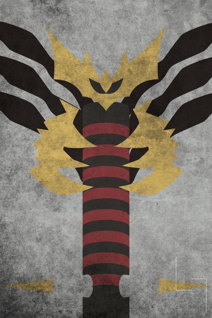 Minimalist Giratina vector wallpaper with bold black red gold design on textured grey background