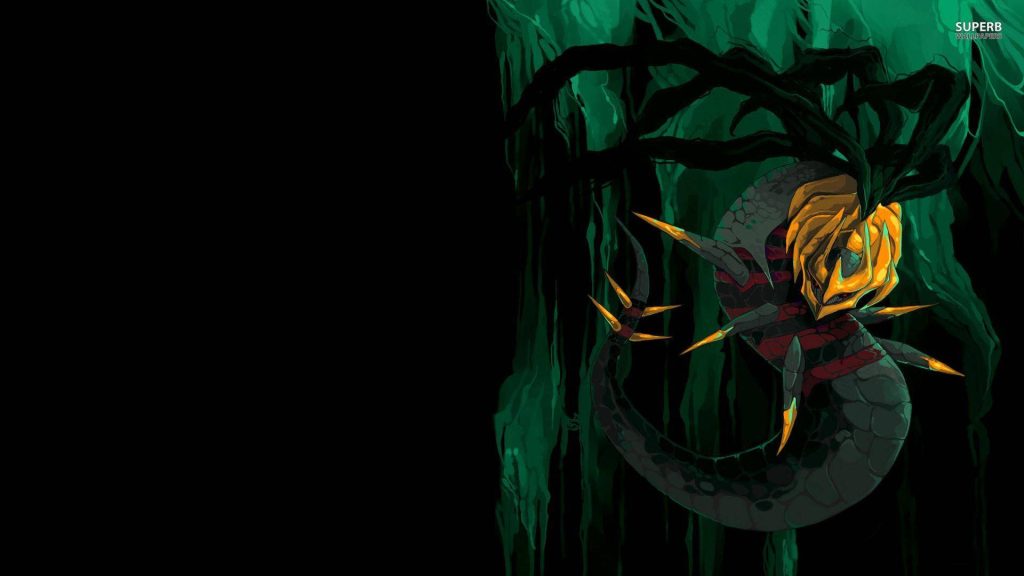 Legendary Pokemon Giratina Origin Forme digital art with red grey gold tones on dark green background Wallpaper