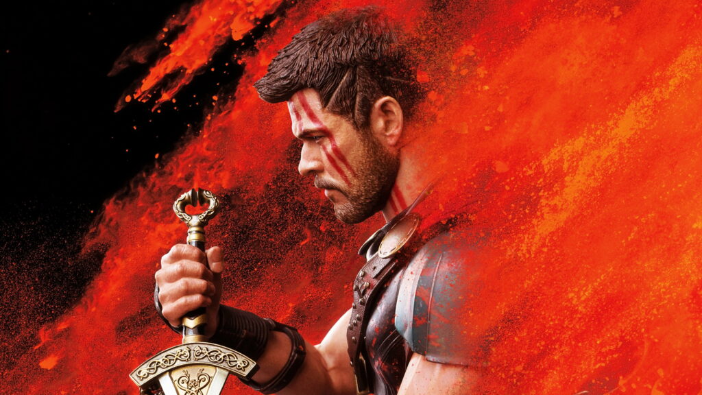 Thor Ragnarok digital art Chris Hemsworth with red war paint sword fiery black red background wallpaper