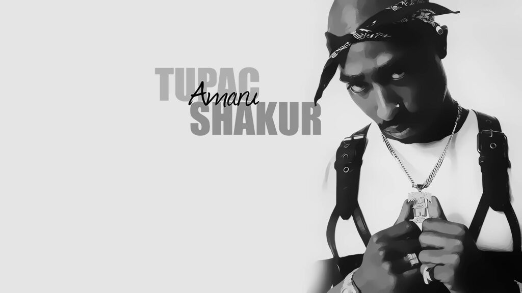 Legendary Style: Grayscale Tupac Shakur Wallpaper featuring Amani Shakur and bold grey branding