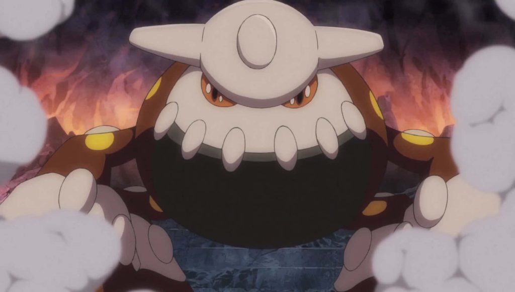 Heatran Pokémon anime wallpaper steel titan with volcanic smoke intense battle scene background