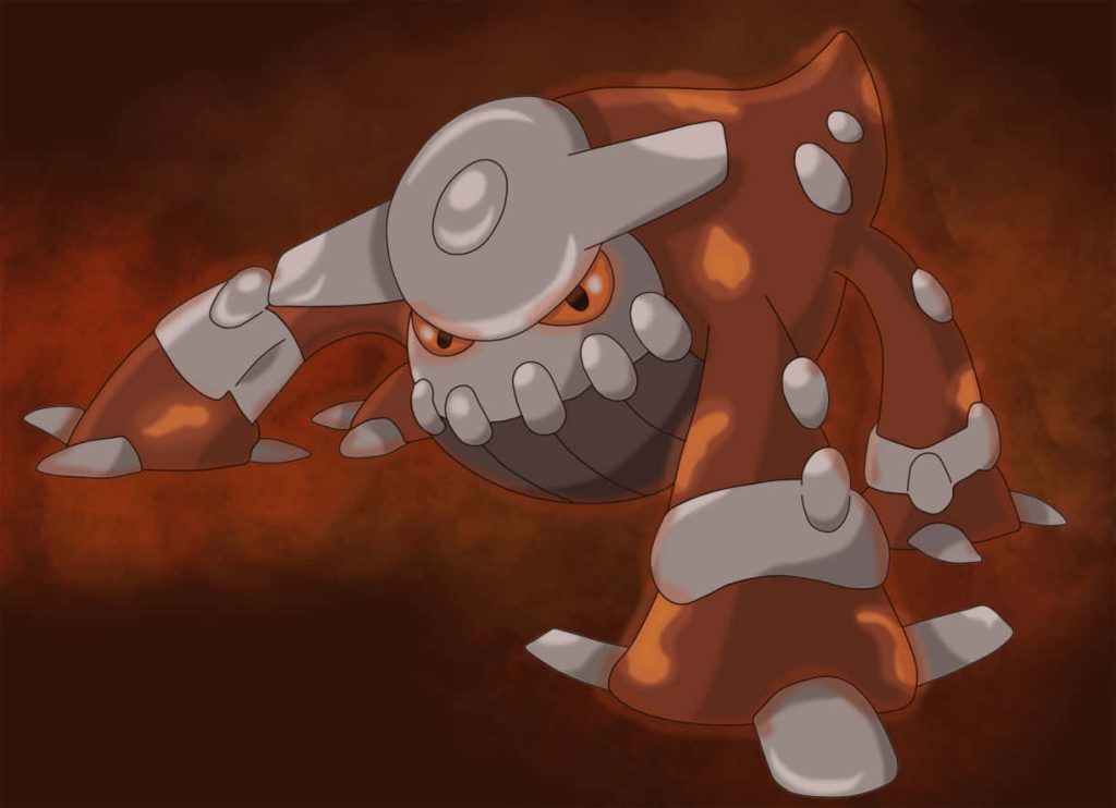Heatran roaring fiercely with metallic armor on dark volcanic background digital art wallpaper