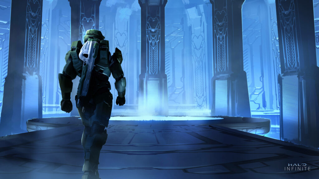 Blue Hall Chronicles: Master Chief's 4K Odyssey in Halo Wallpaper