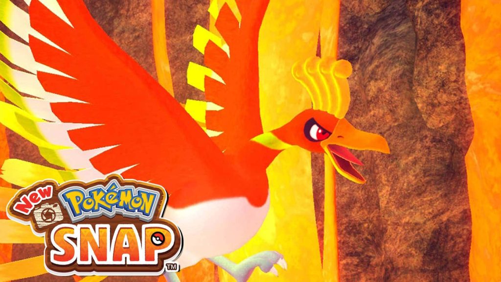 Legendary Pokémon Ho-Oh vibrant red gold plumage glowing volcanic cave 3D CGI wallpaper