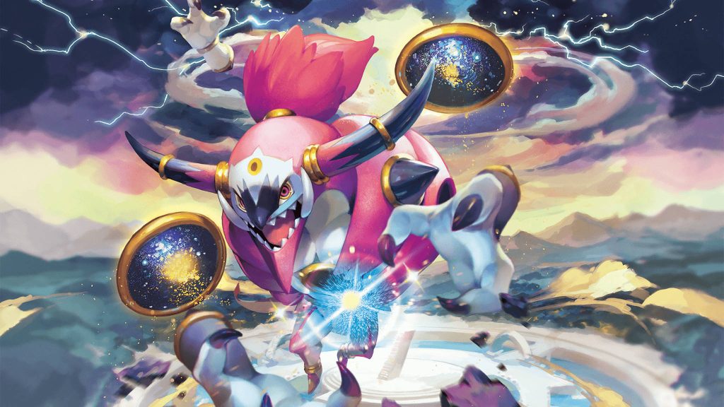 Legendary Hoopa Unbound with cosmic rings in lightning sky dynamic Pokémon battle wallpaper