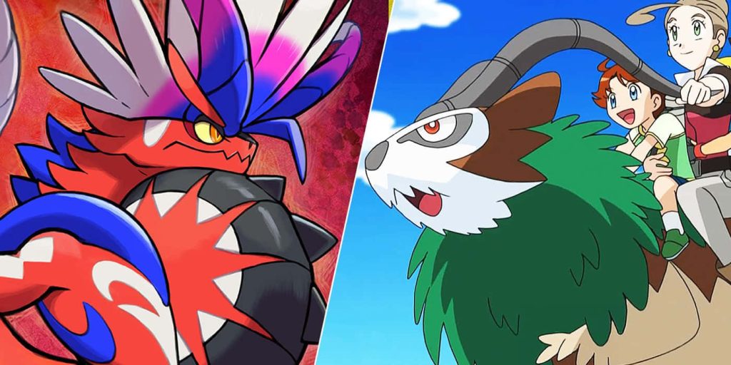 Vibrant anime wallpaper featuring red Legendary Pokémon Koraidon and trainer on Gogoat sky background