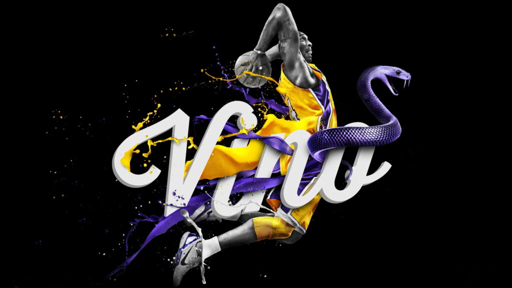 Kobe Bryant dunk QHD wallpaper with Vino script purple Black Mamba snake yellow purple splatter