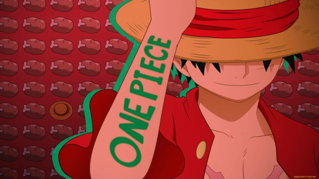 Luffy's Meat-Filled Challenge: Embracing the Red-Hued Adventure in One Piece Desktop Wallpaper