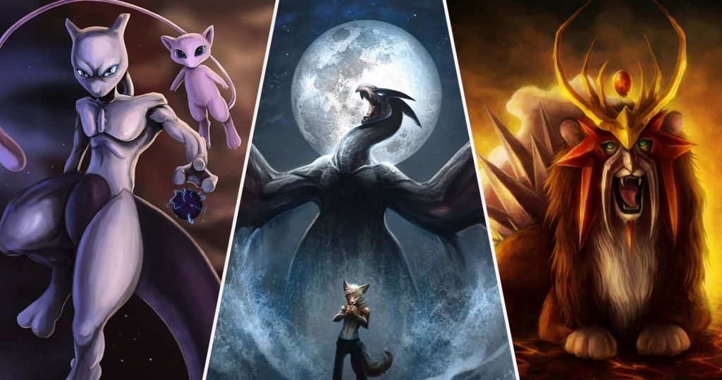 3D digital art Legendary Pokémon wallpaper Mewtwo Mew Lugia moonlight Entei fiery crest