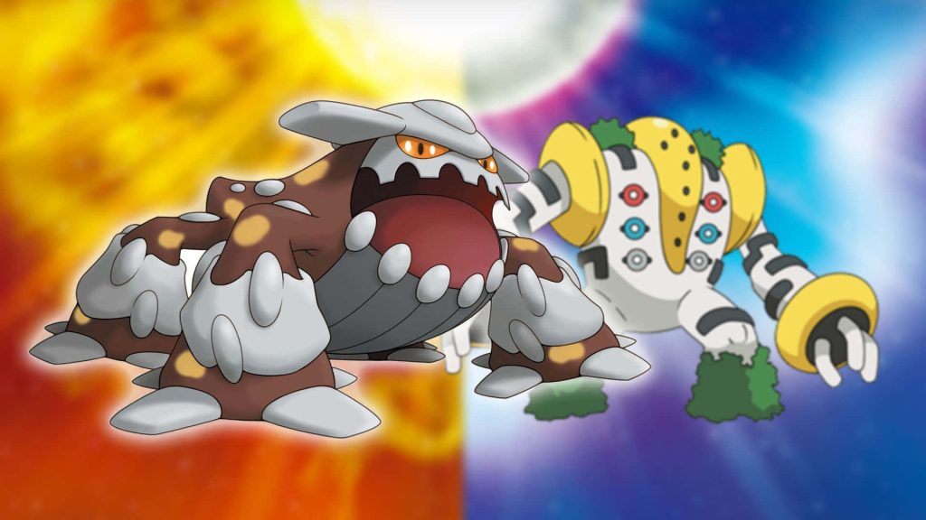Vibrant Pokémon wallpaper with legendary Heatran fiery side and Regigigas cosmic side background