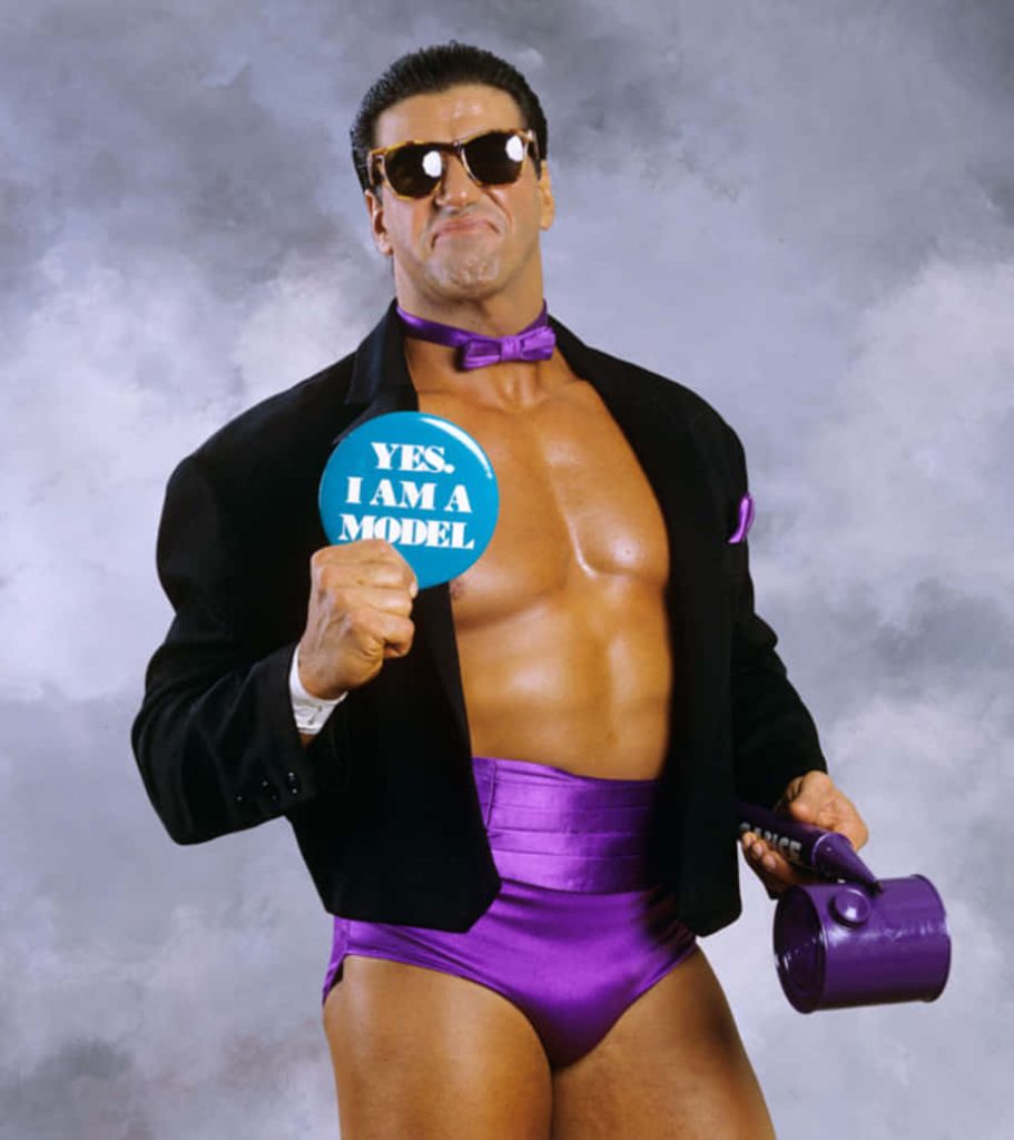 Rick The Model Martel vintage 90s promo wallpaper purple trunks bow tie blazer perfume atomizer