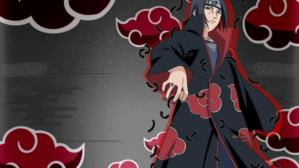 Itachi Uchiha anime wallpaper with Sharingan eyes Akatsuki cloak red cloud feathers background
