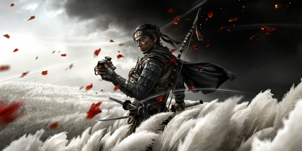 Stoic Samurai Warrior HD Wallpaper in Windswept Field with Red Leaves & Katana - Ninja vs Samurai Battle Ready Background