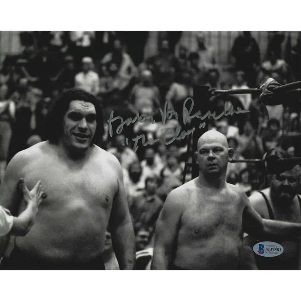 Black and white signed portrait of wrestlers Baron Von Raschke and Andre Rene Roussimoff in ring Wallpaper