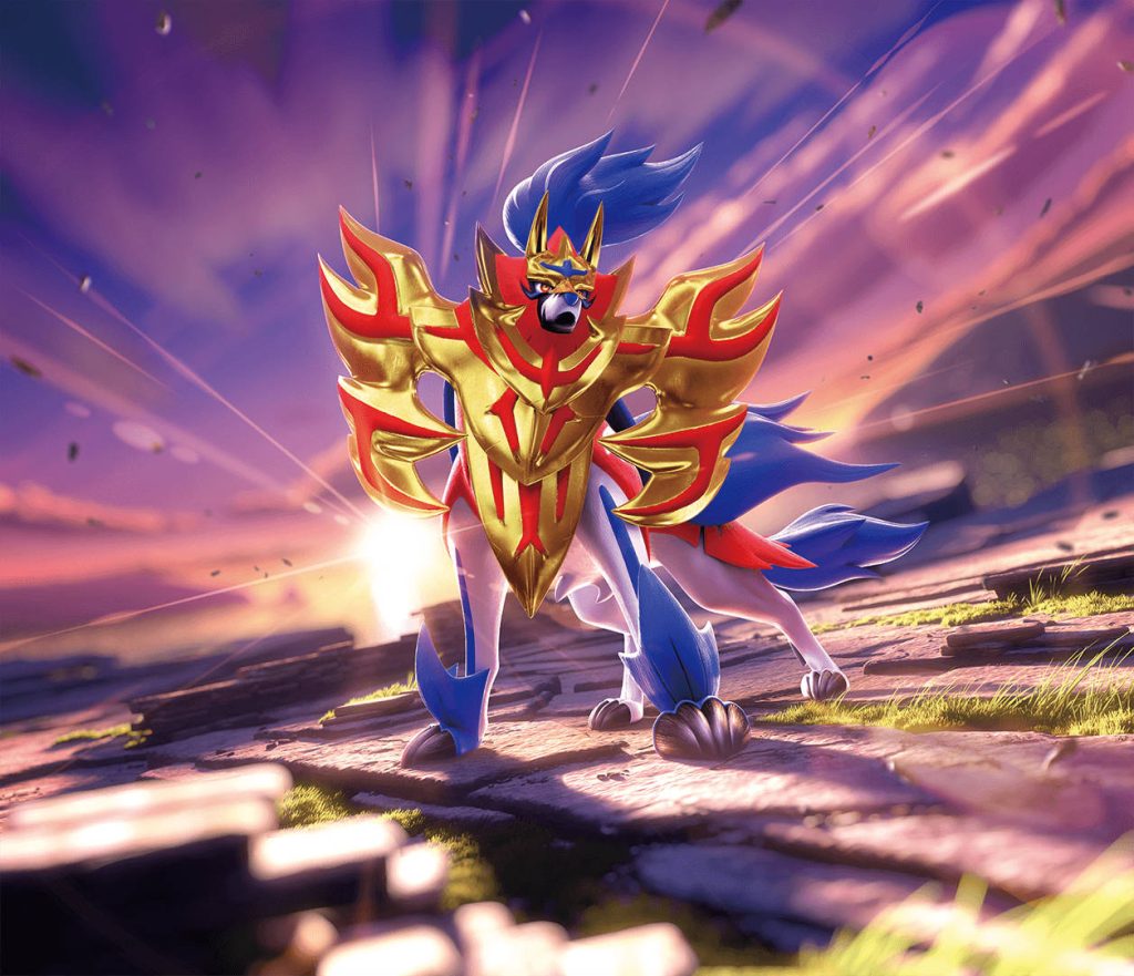 Zamazenta Crowned Shield 3D digital art heroic wolf sunset rocky terrain vibrant wallpaper