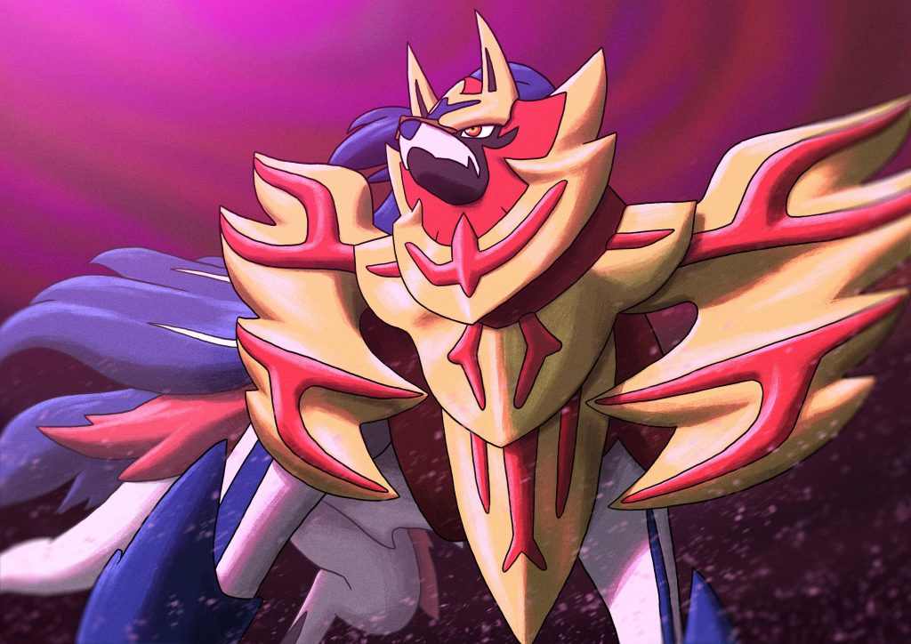 Zamazenta Crowned Shield wolf Pokémon with golden armor and mane on magenta background wallpaper