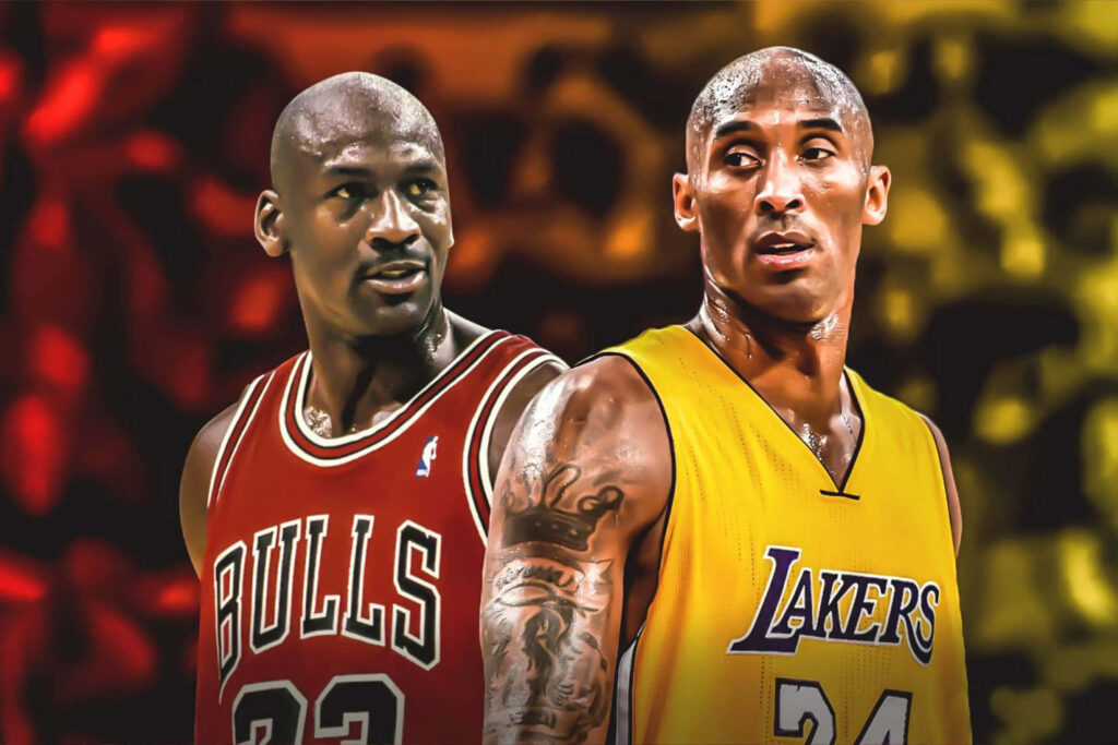 Legendary NBA Icons: Kobe Bryant and Michael Jordan Honor the Lakers and Bulls Legacy on Vibrant Blurred Canvas Wallpaper
