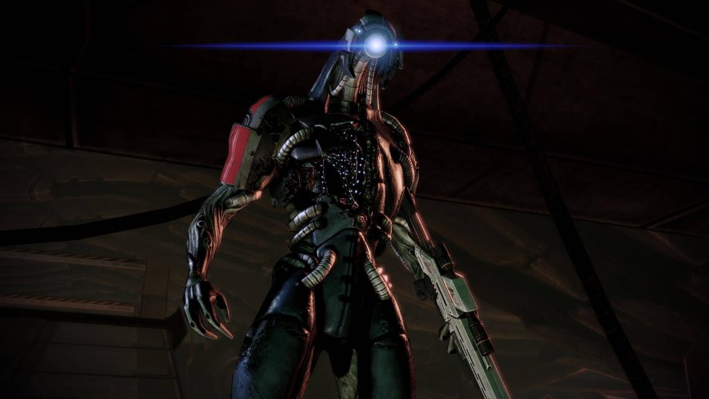 Legion from Mass Effect in low light with glowing optic sensor and damaged chest CGI wallpaper