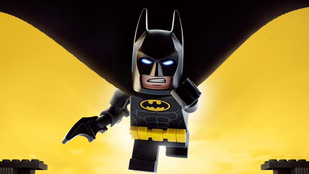 Lego Batman angry intense leaping forward cape spread Batarang yellow background 4k wallpaper