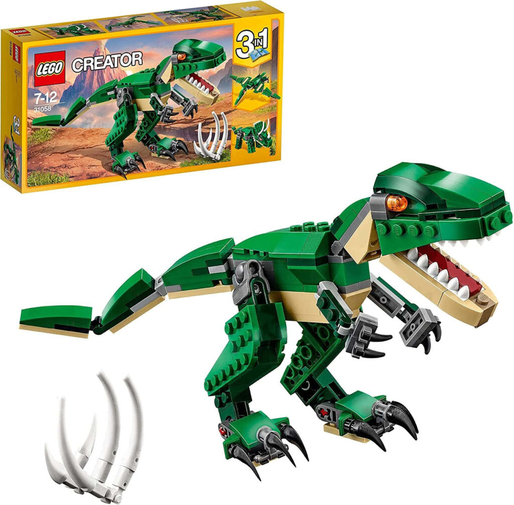Detailed Lego Creator 3-in-1 green dinosaur model made from colorful Lego bricks wallpaper background
