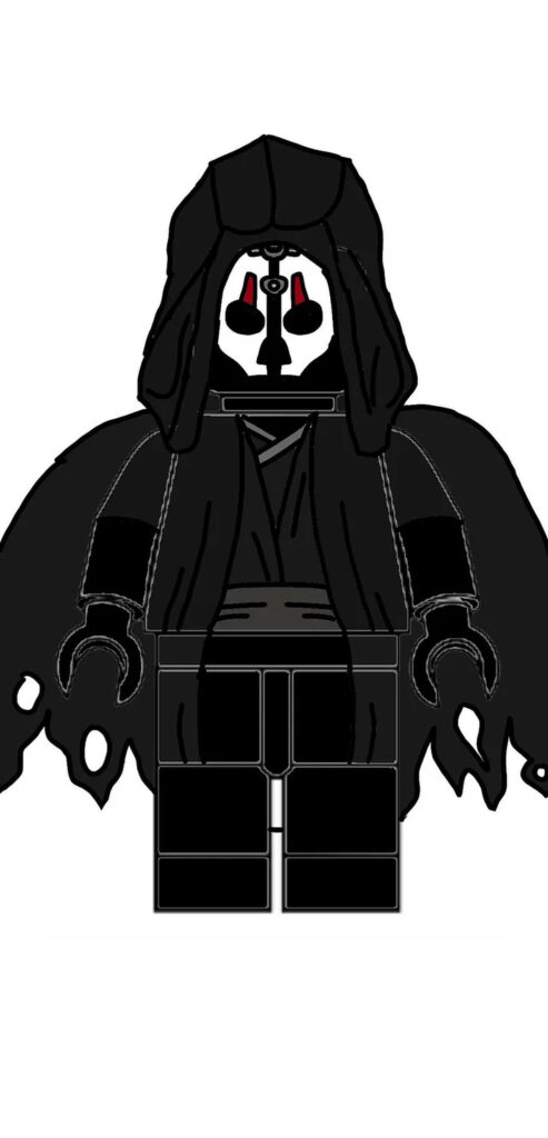 Lego Darth Nihilus with black cloak and red white mask on minimalist white Star Wars wallpaper