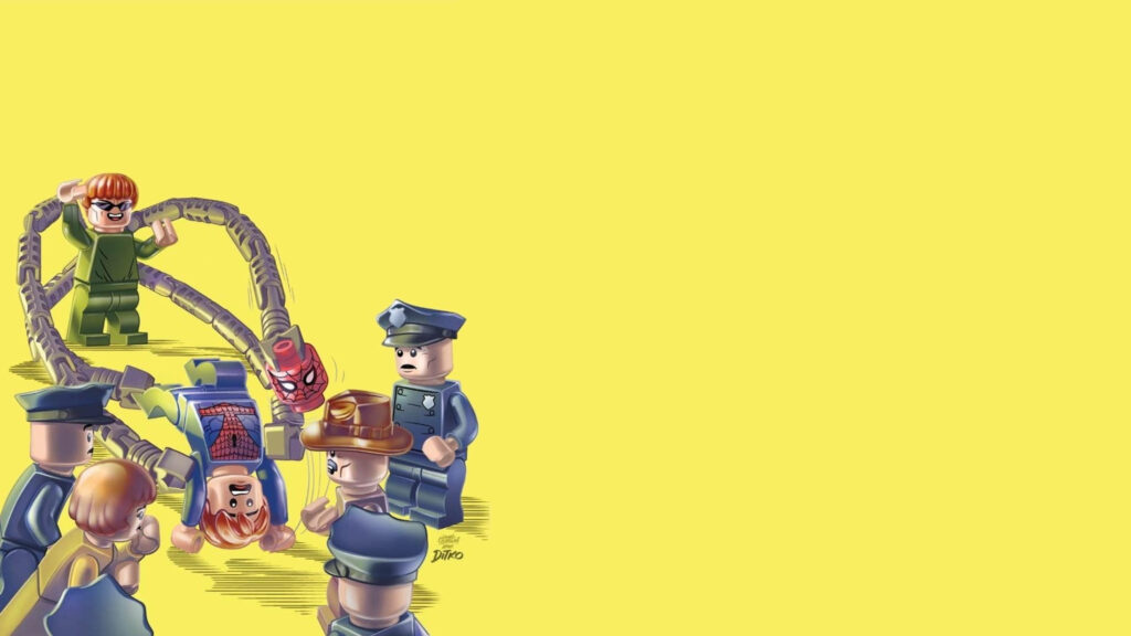 Lego Doctor Octopus captures Spider-Man and Lego police on vibrant yellow comic art wallpaper
