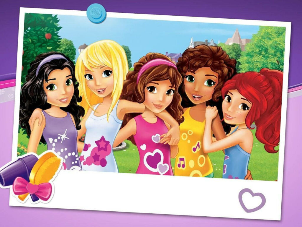 Lego Friends group posing outdoors vibrant playful wallpaper background showcasing friendship