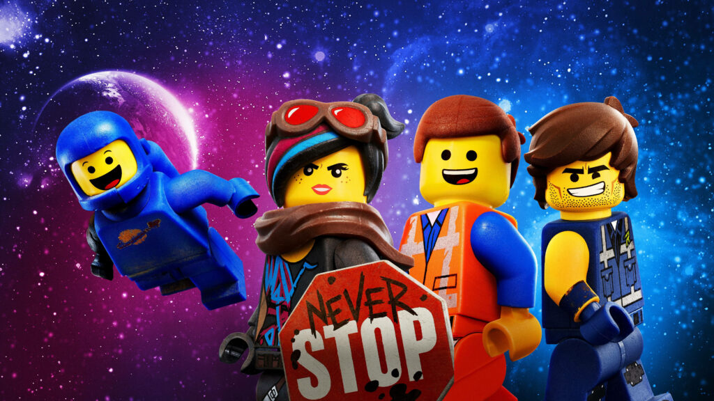 Lego The Movie 2 vibrant 4k wallpaper with iconic characters on colorful cosmic background