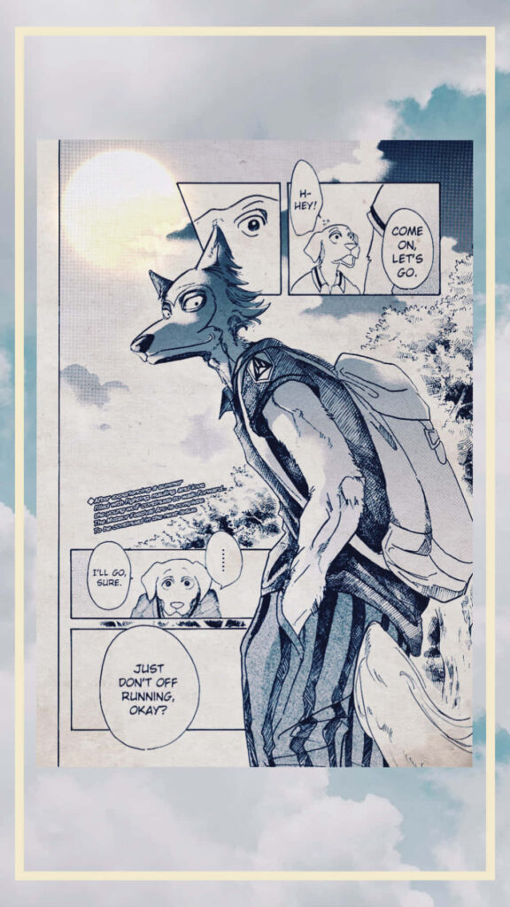 Legoshi from Beastars manga in dreamy panel design with thoughtful expression under sunlight Wallpaper