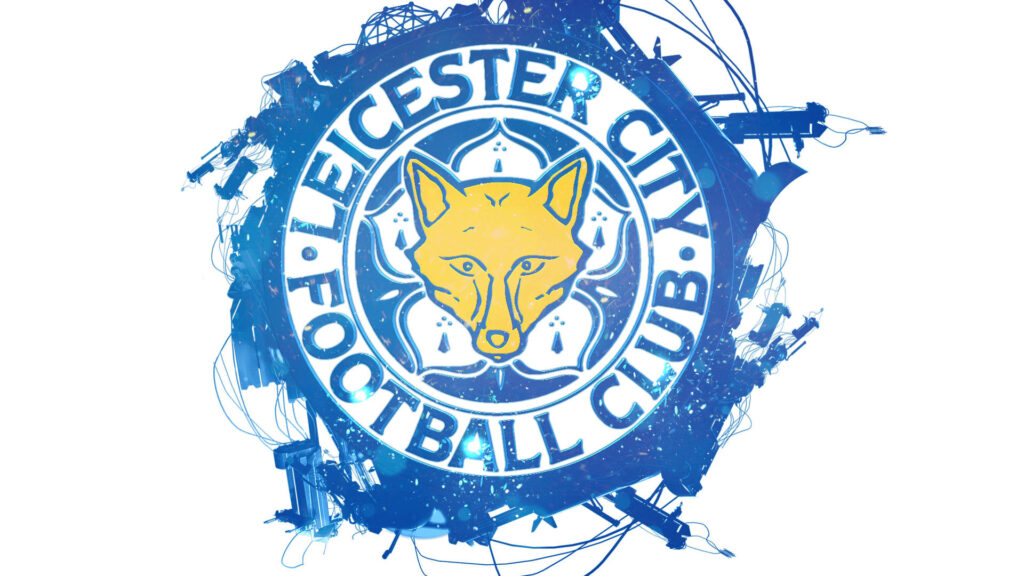 Leicester City Football Club logo centered with dynamic blue cityscape modern wallpaper background