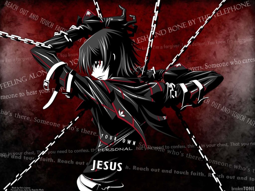 Lelouch Lamperouge in chains against red background with Personal Jesus lyrics Code Geass wallpaper