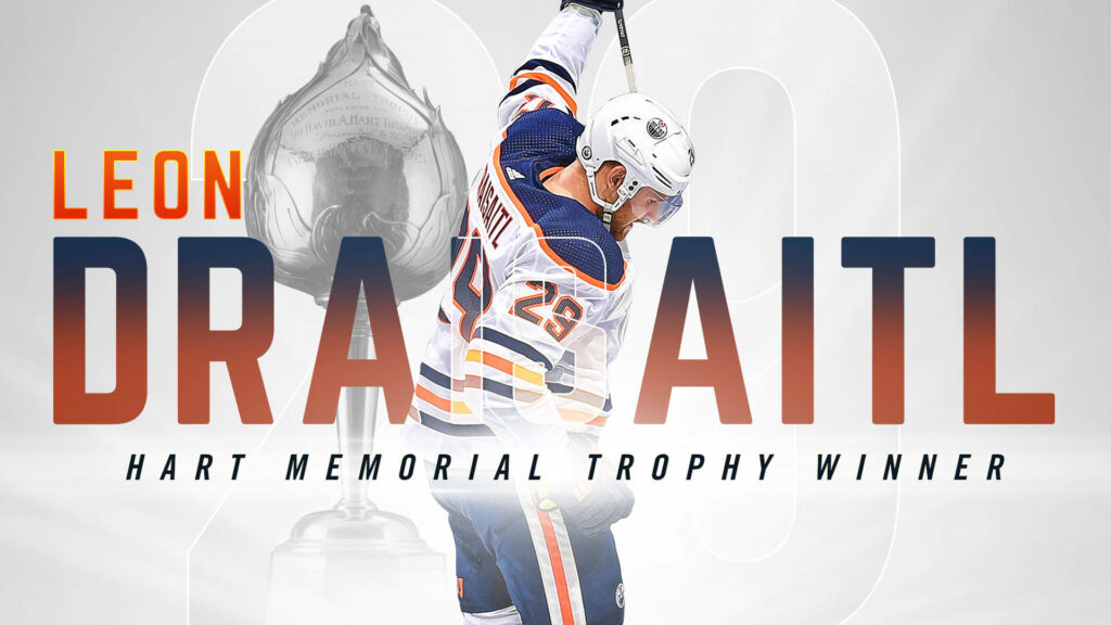 Leon Draisaitl Edmonton Oilers celebrating Hart Trophy with bold orange blue NHL wallpaper background