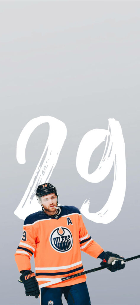 Leon Draisaitl Edmonton Oilers lock screen wallpaper orange jersey number 29 gray background