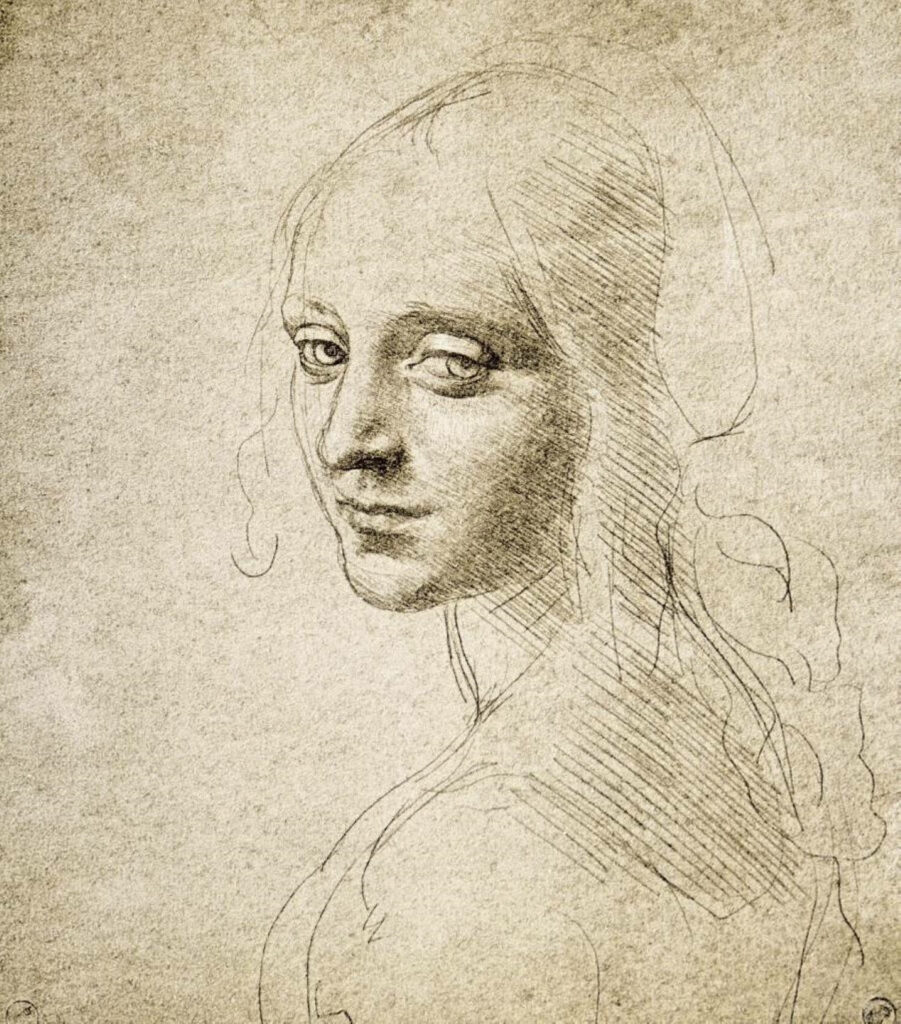 Leonardo Da Vinci delicate sketch of lady with flowing lines and soft shading on parchment Wallpaper
