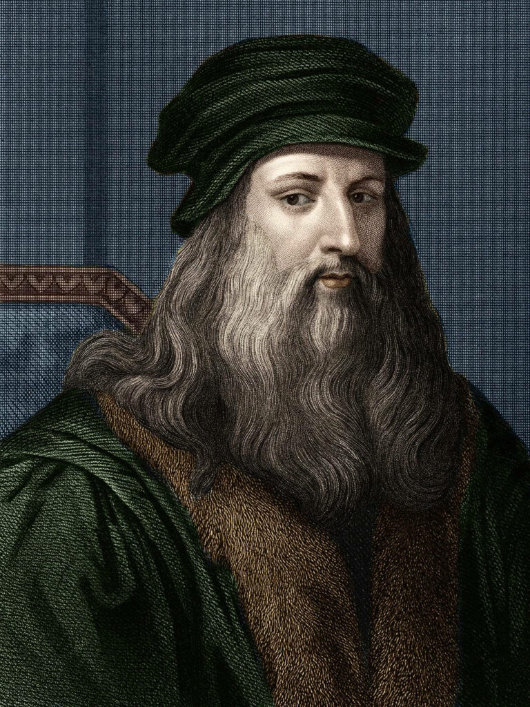 Leonardo Da Vinci portrait with detailed beard hair and Renaissance clothing wallpaper background