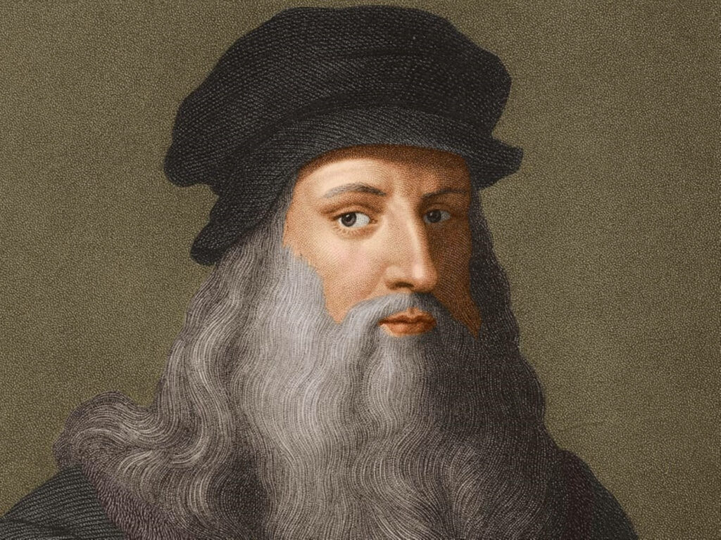 Textured Leonardo Da Vinci portrait wallpaper showing thoughtful expression and signature hat