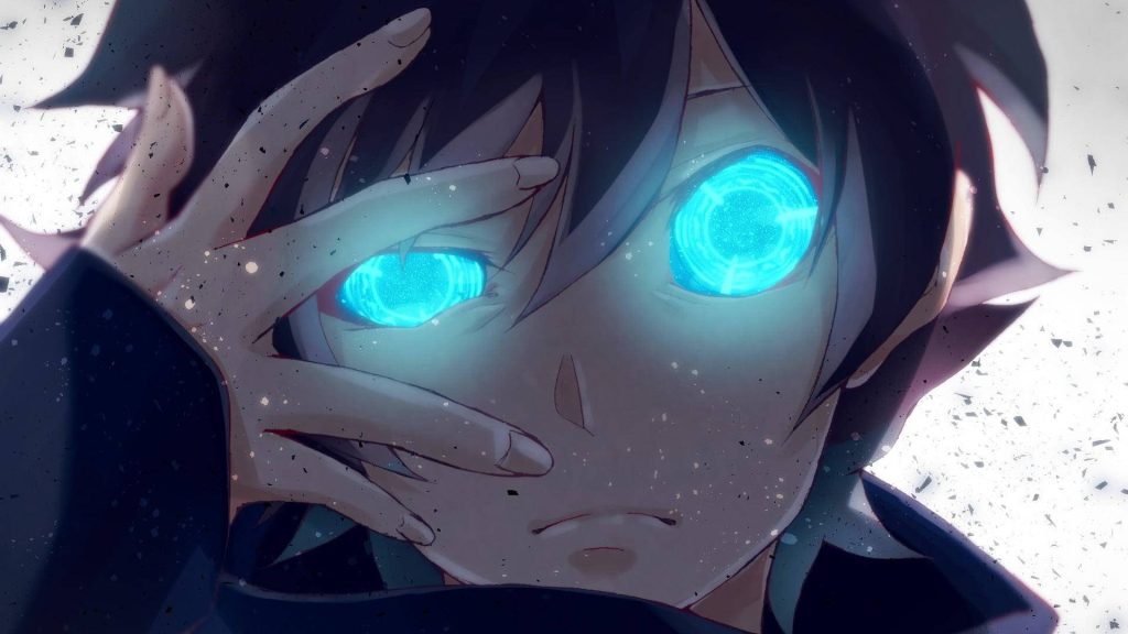 Leonardo Watch close-up with glowing blue All-Seeing Eyes anime wallpaper Blood Blockade Battlefront