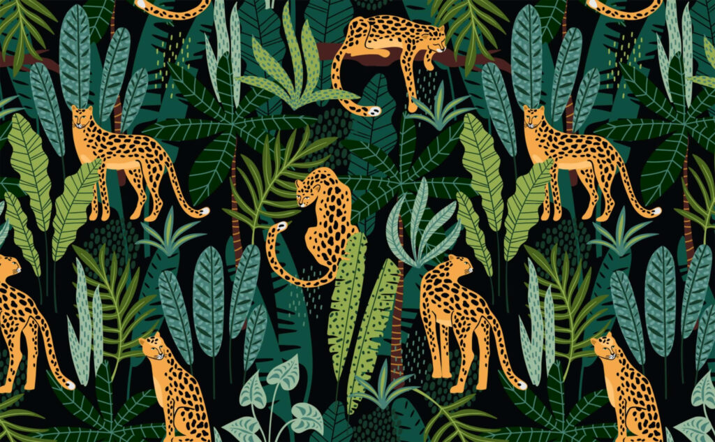 Stylized jungle wallpaper with vibrant orange leopards and lush green foliage on black background