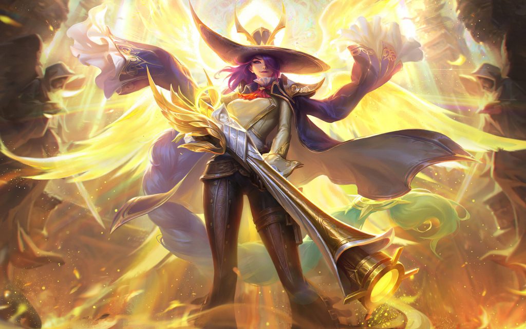 Lesley Mobile Legends angel digital art with golden wings and signature rifle wallpaper background