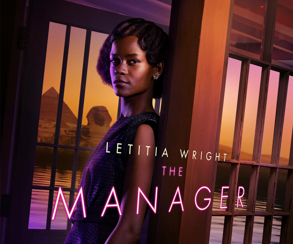 Letitia Wright as The Manager with pyramids and Nile River sunset in Death On The Nile wallpaper