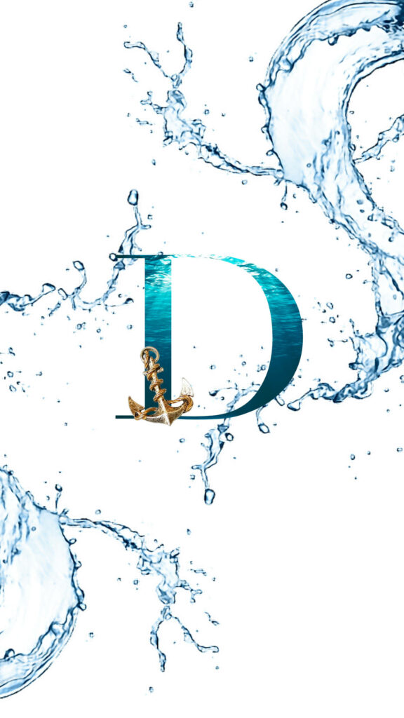 Letter D with realistic ocean texture and golden anchor surrounded by water splashes wallpaper
