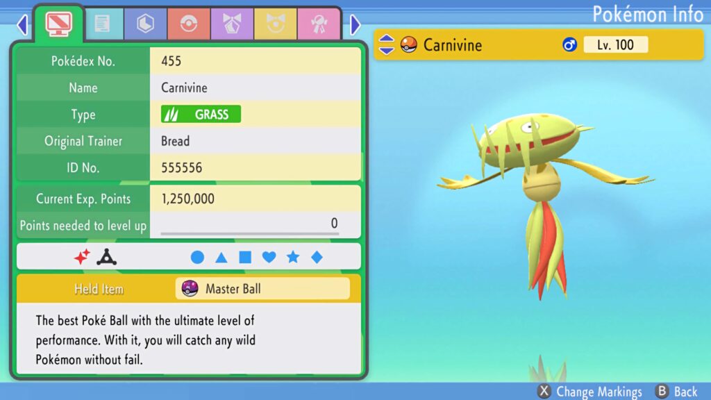 Level 100 Carnivine Pokémon summary screen with green yellow plant design and bright blue background Wallpaper