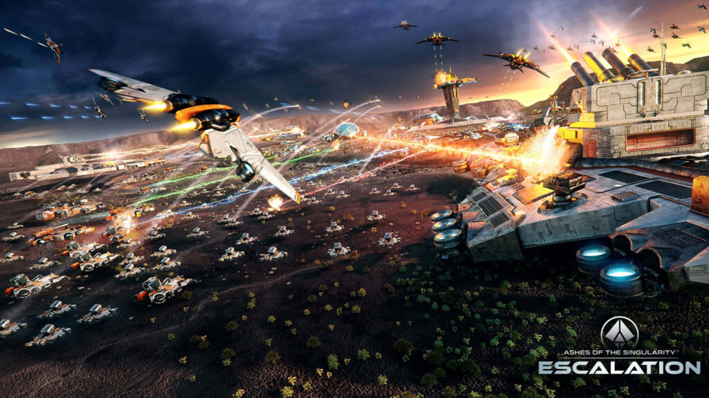 Ashes of the Singularity: Escalation showcases intense futuristic warfare on a grand scale - tanks, aircraft, and mechs in explosive conflict Wallpaper
