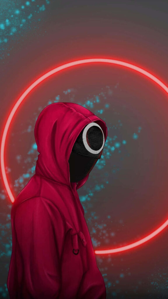 Squid Game Guard Art on Red Ring Neon Background Wallpaper