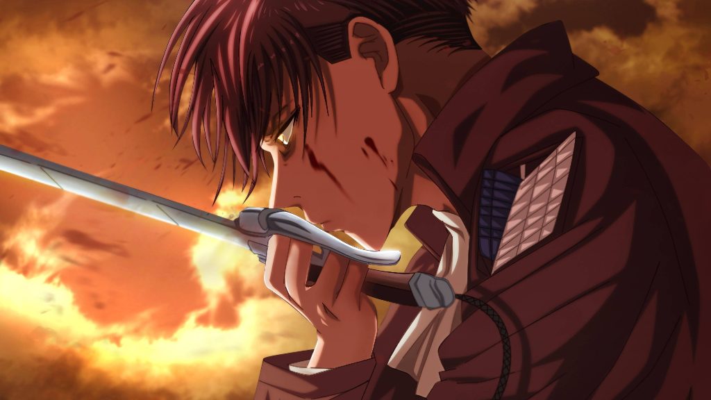 Levi Ackerman in intense 4K wallpaper gripping ODM gear blade with blood and flames background