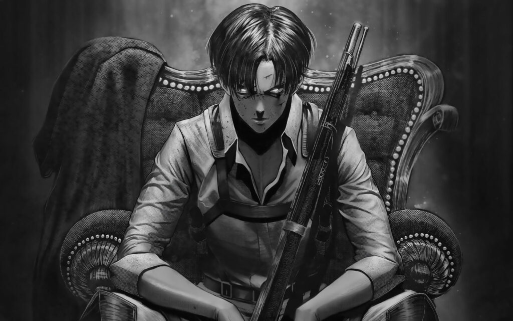The Rogue Warrior of Darkness: Levi Ackerman Takes Aim in Monochrome Splendor Wallpaper